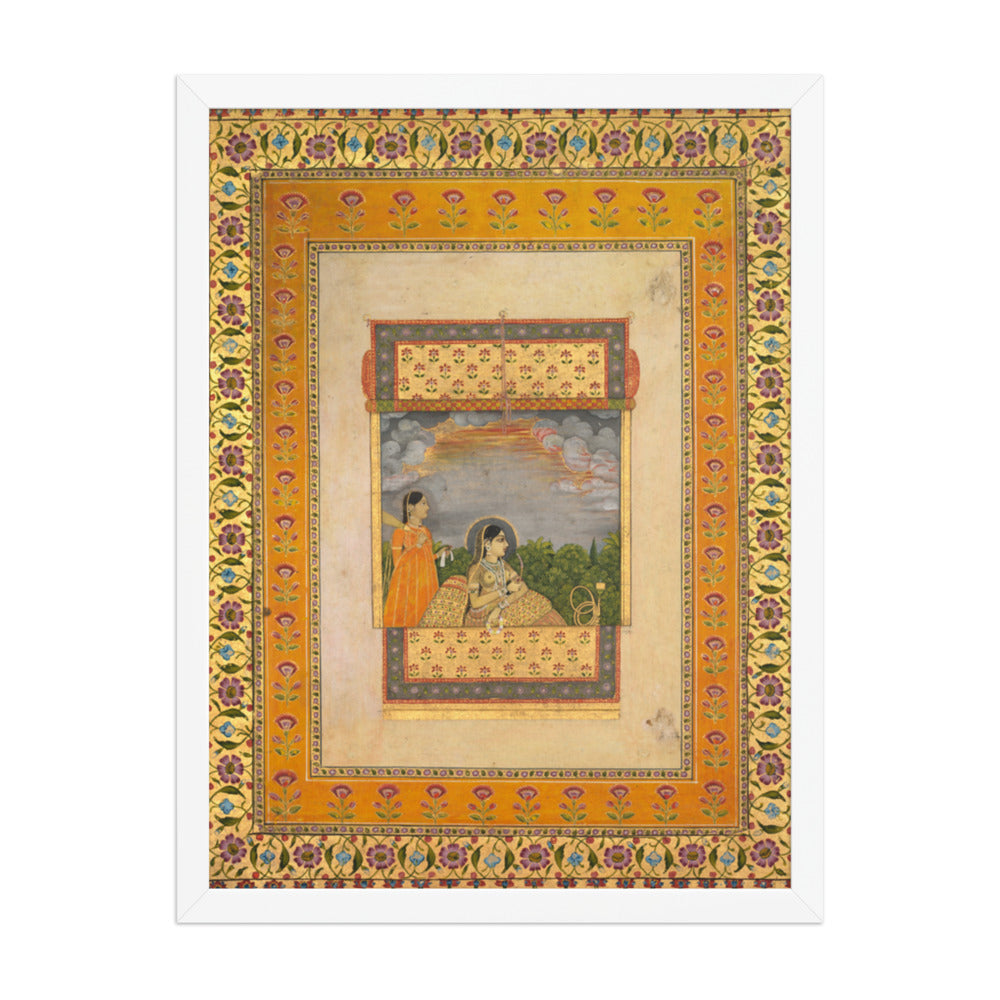 Princess and attendant in trompe l’oeil window — Restored Mughal Wall Art — view 5