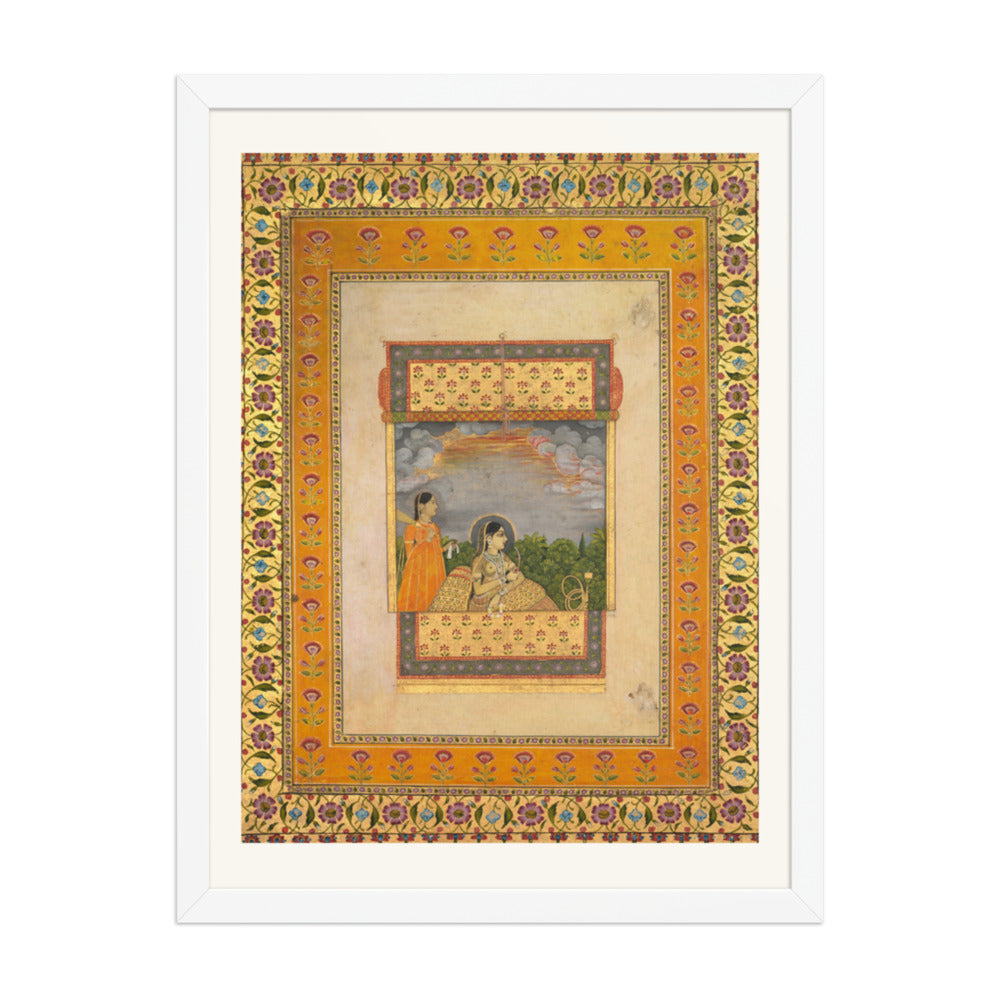 Princess and attendant in trompe l’oeil window — Restored Mughal Wall Art — view 5