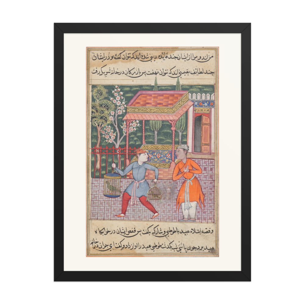 The Merchant of Tirmiz with the Parrot and Myna, from a Tuti-nama (Forty-second Night) — Restored Mughal Wall Art — view 1