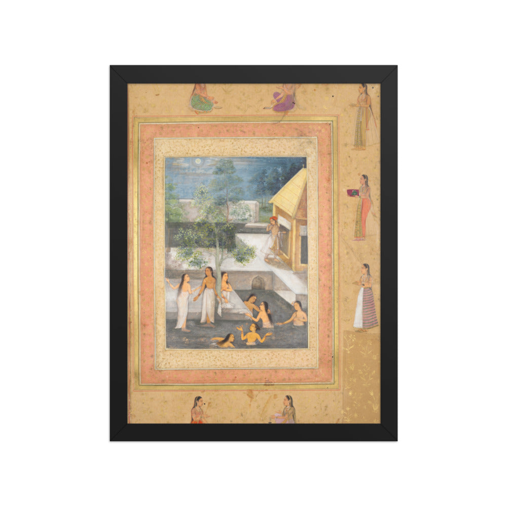 Harem night-bathing scene, from the Late Shah Jahan Album — Restored Mughal Wall Art — view 2