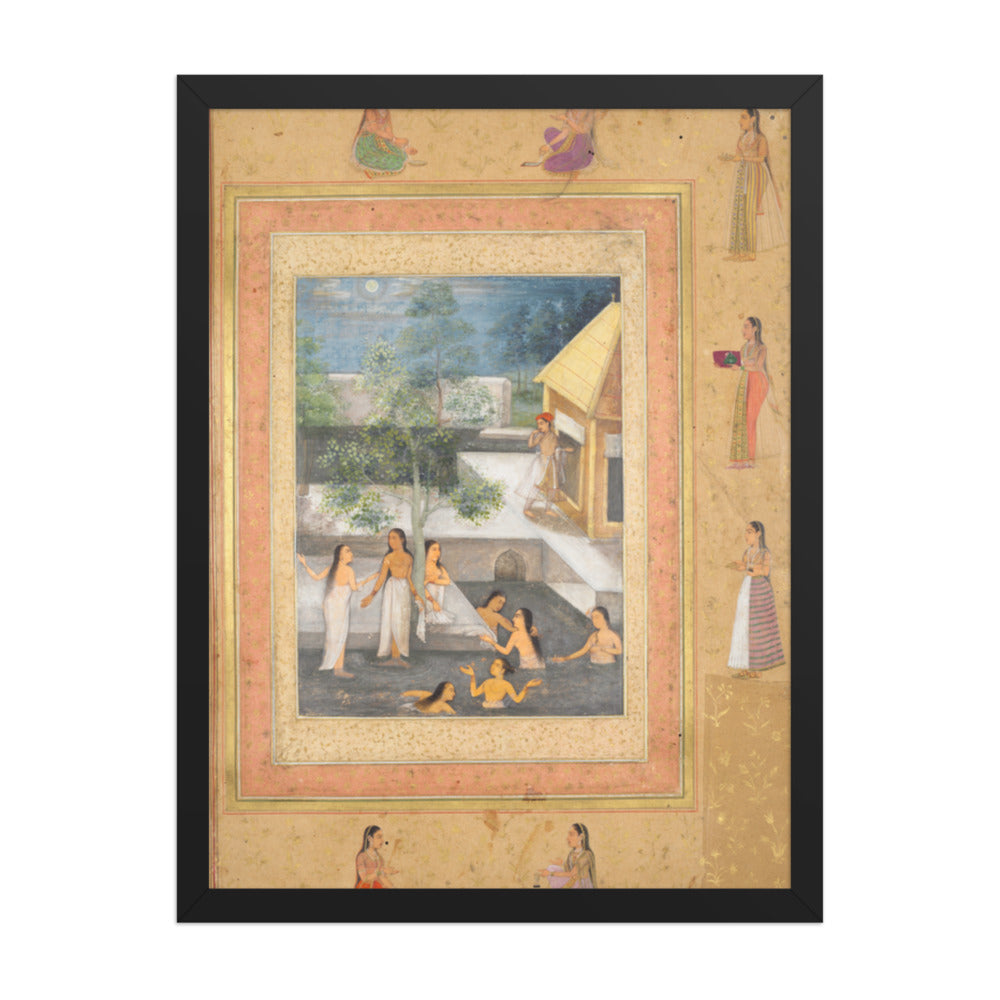 Harem night-bathing scene, from the Late Shah Jahan Album — Restored Mughal Wall Art — view 1