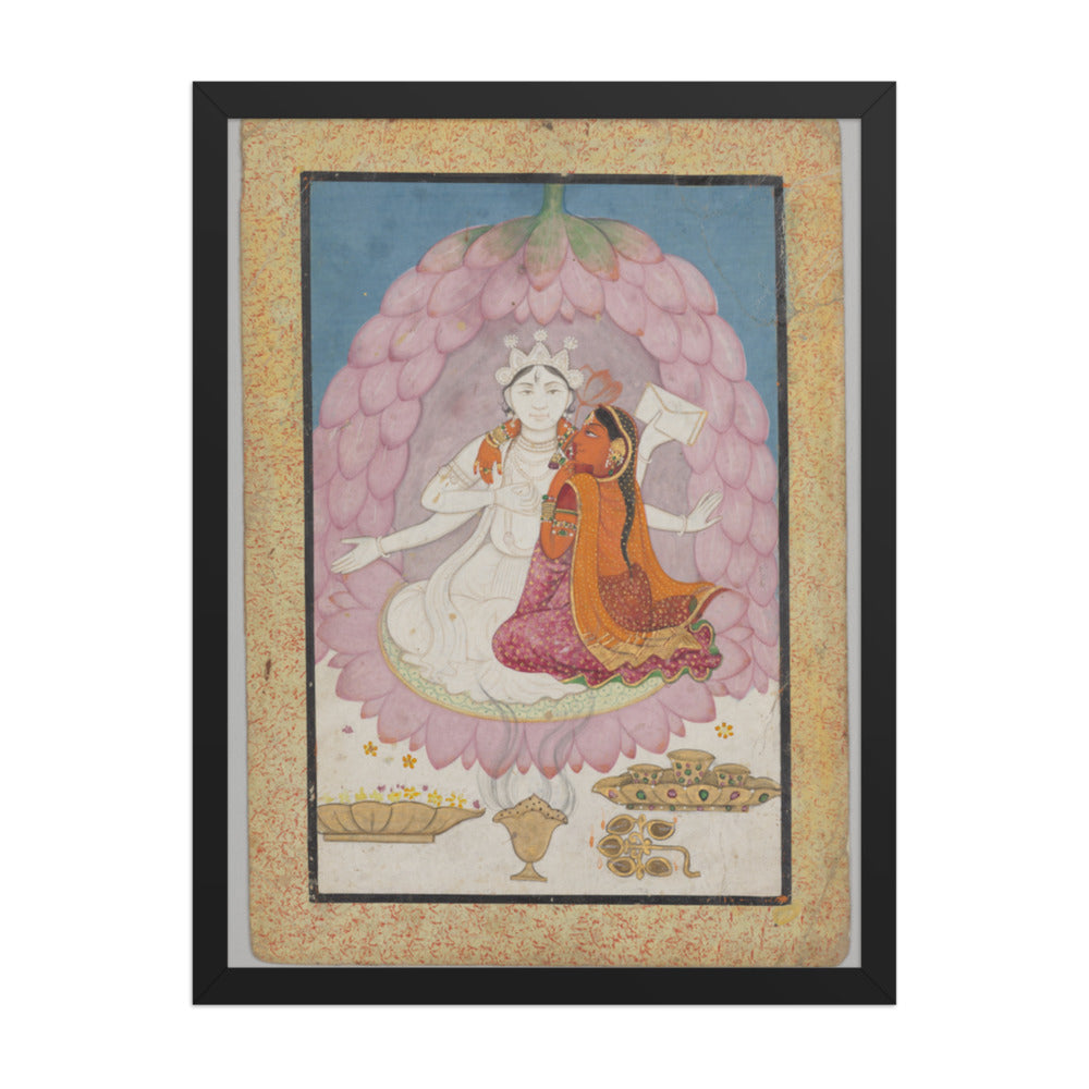 Divine couple seated in a lotus blossom — Restored Pahari Wall Art — view 1