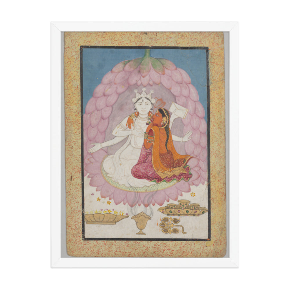Divine couple seated in a lotus blossom — Restored Pahari Wall Art — view 5