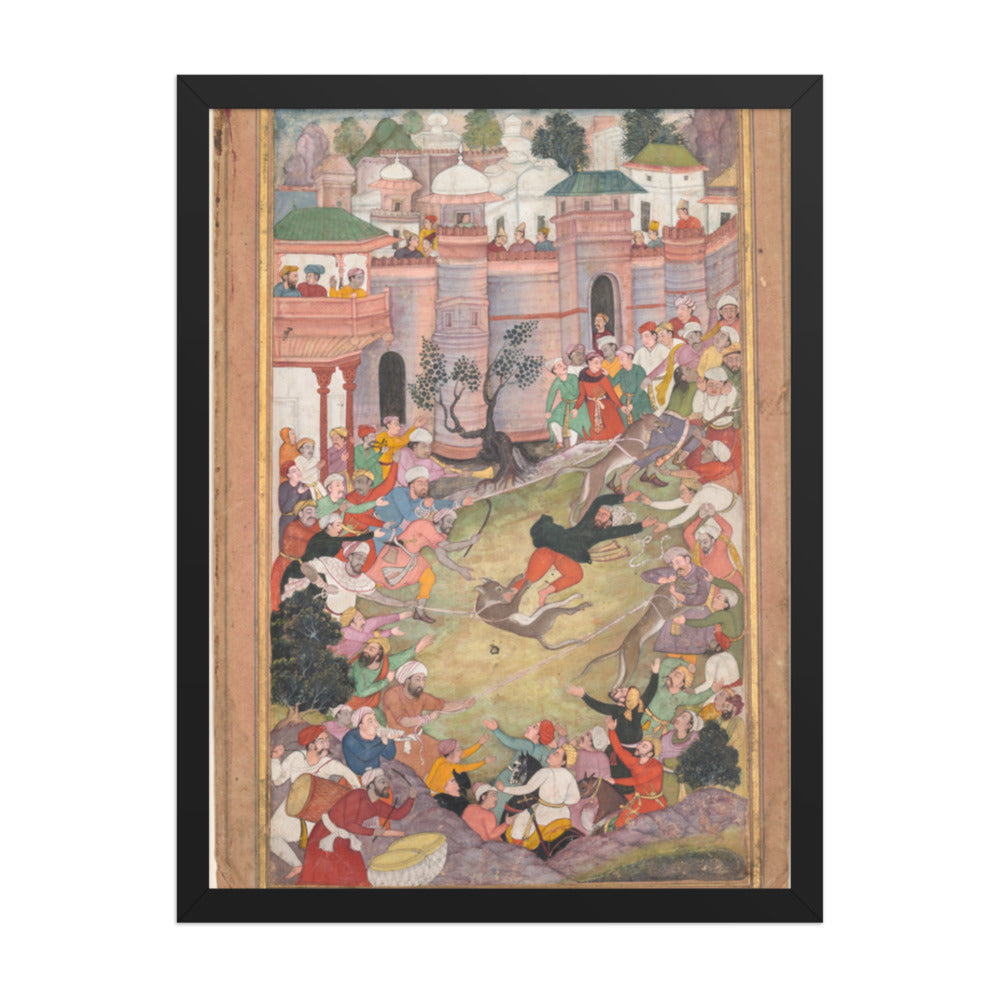 The game of wolf-running in Tabriz, from an Akbar-nama (Book of Akbar) — Restored Indian Court Wall Art — view 1