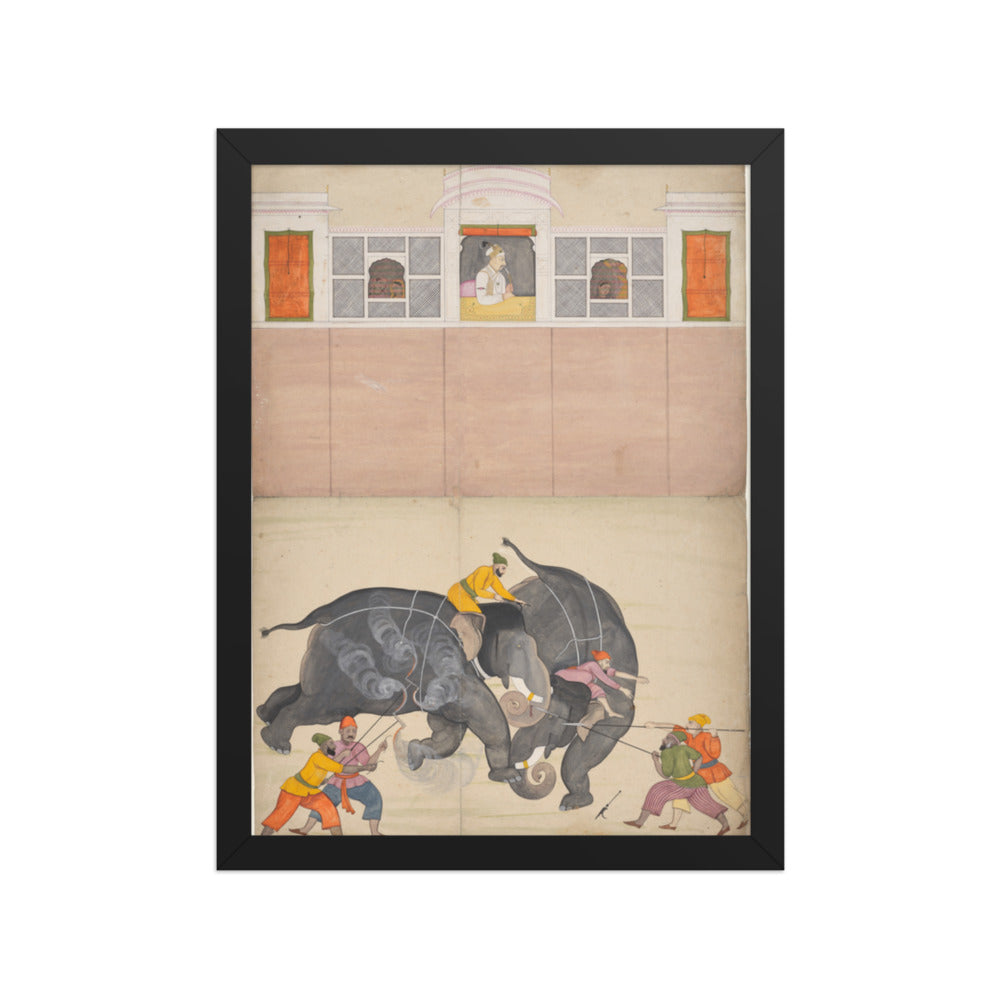 Two Elephants Fighting in a Courtyard Before Muhammad Shah — Restored Pahari Wall Art — view 2