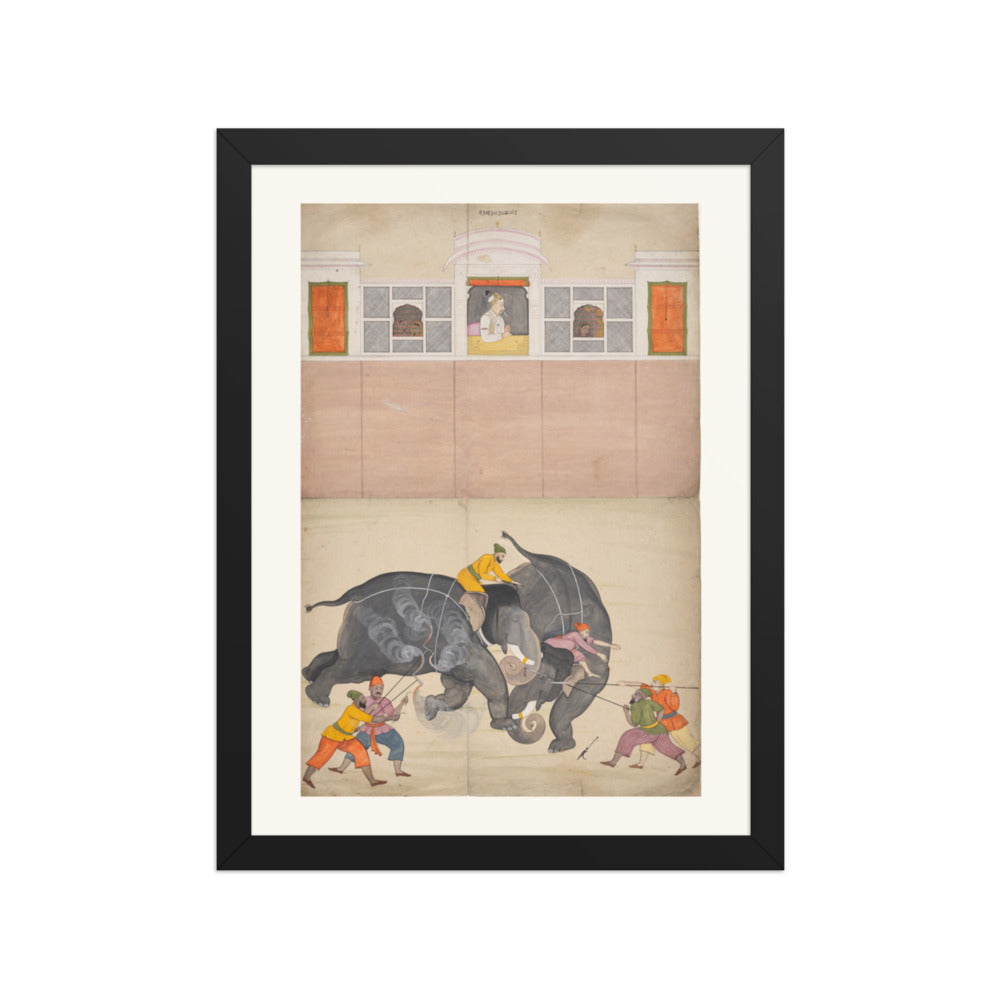Two Elephants Fighting in a Courtyard Before Muhammad Shah — Restored Pahari Wall Art — view 2