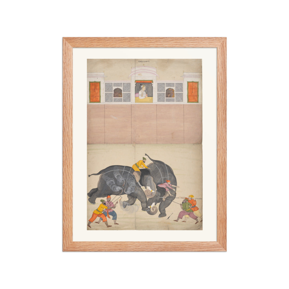 Two Elephants Fighting in a Courtyard Before Muhammad Shah — Restored Pahari Wall Art — view 4