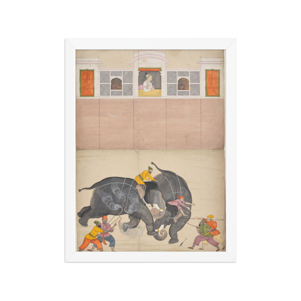 Two Elephants Fighting in a Courtyard Before Muhammad Shah — Restored Pahari Wall Art — view 6