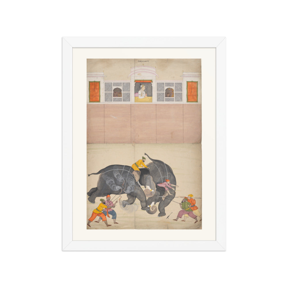 Two Elephants Fighting in a Courtyard Before Muhammad Shah — Restored Pahari Wall Art — view 6