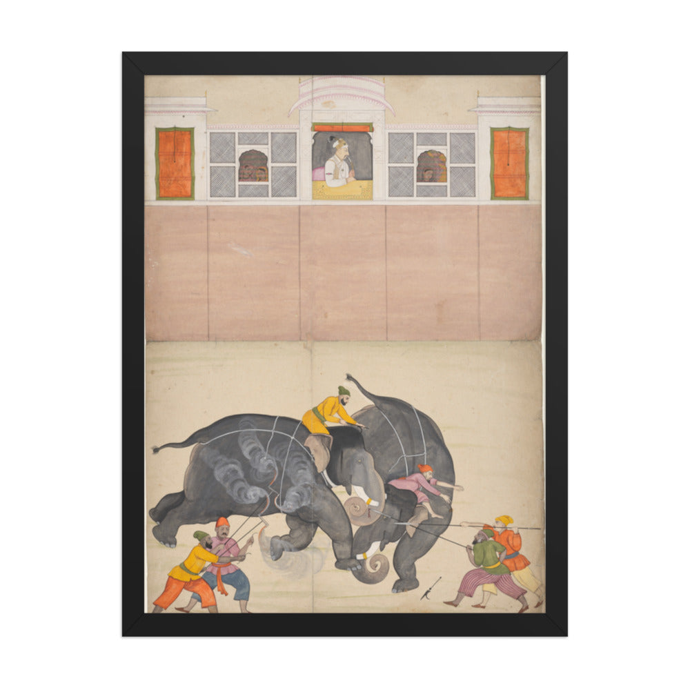 Two Elephants Fighting in a Courtyard Before Muhammad Shah — Restored Pahari Wall Art — view 1