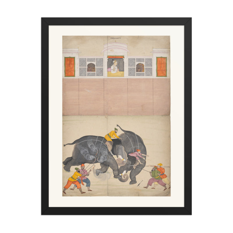 Two Elephants Fighting in a Courtyard Before Muhammad Shah — Restored Pahari Wall Art