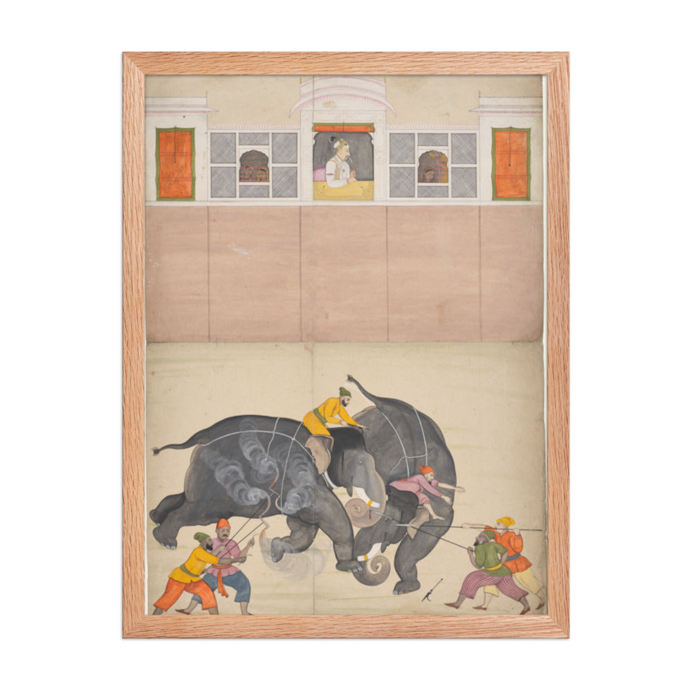 Two Elephants Fighting in a Courtyard Before Muhammad Shah — Restored Pahari Wall Art — view 3