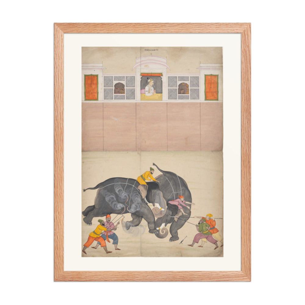 Two Elephants Fighting in a Courtyard Before Muhammad Shah — Restored Pahari Wall Art — view 3