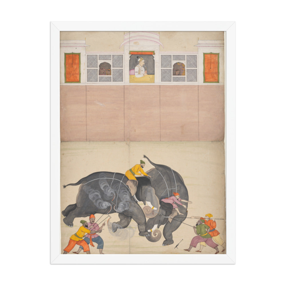 Two Elephants Fighting in a Courtyard Before Muhammad Shah — Restored Pahari Wall Art — view 5