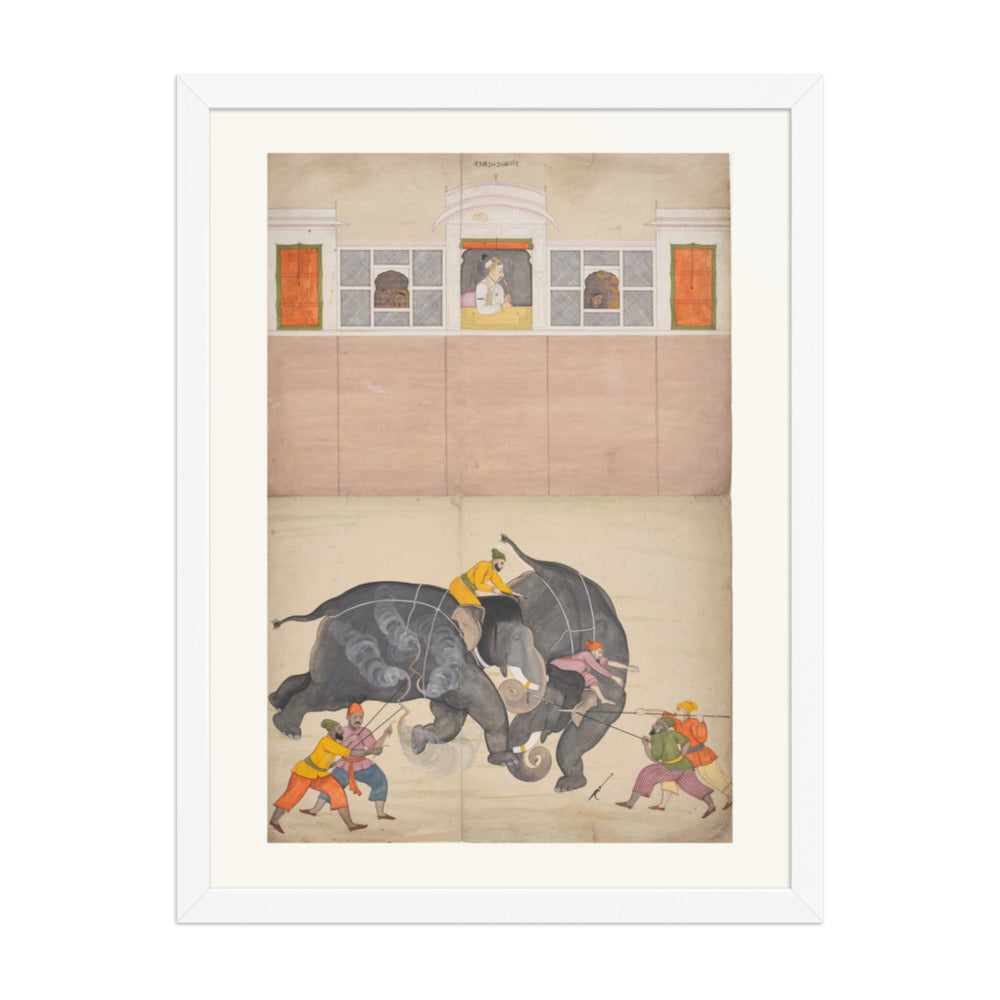 Two Elephants Fighting in a Courtyard Before Muhammad Shah — Restored Pahari Wall Art — view 5