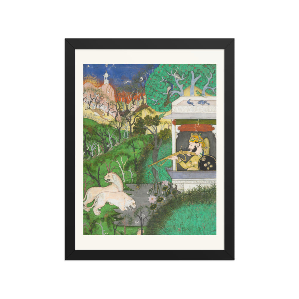 Maharaja Chattarsol of Kota Shooting Lions — Restored Rajput Wall Art — view 2