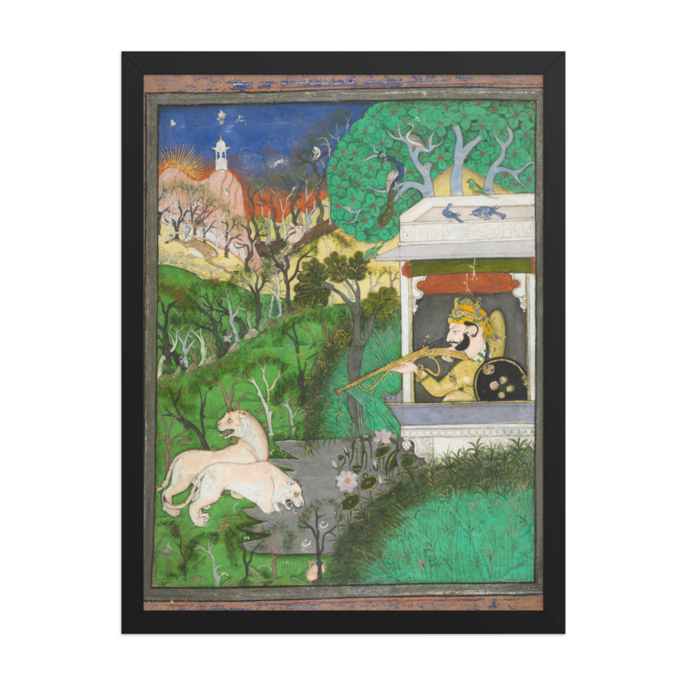 Maharaja Chattarsol of Kota Shooting Lions — Restored Rajput Wall Art — view 1