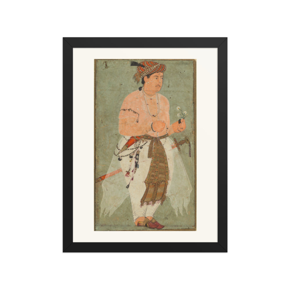 A Mughal Prince, Perhaps Danyal, Holding a Sprig of Flowers — Restored Mughal Wall Art — view 2