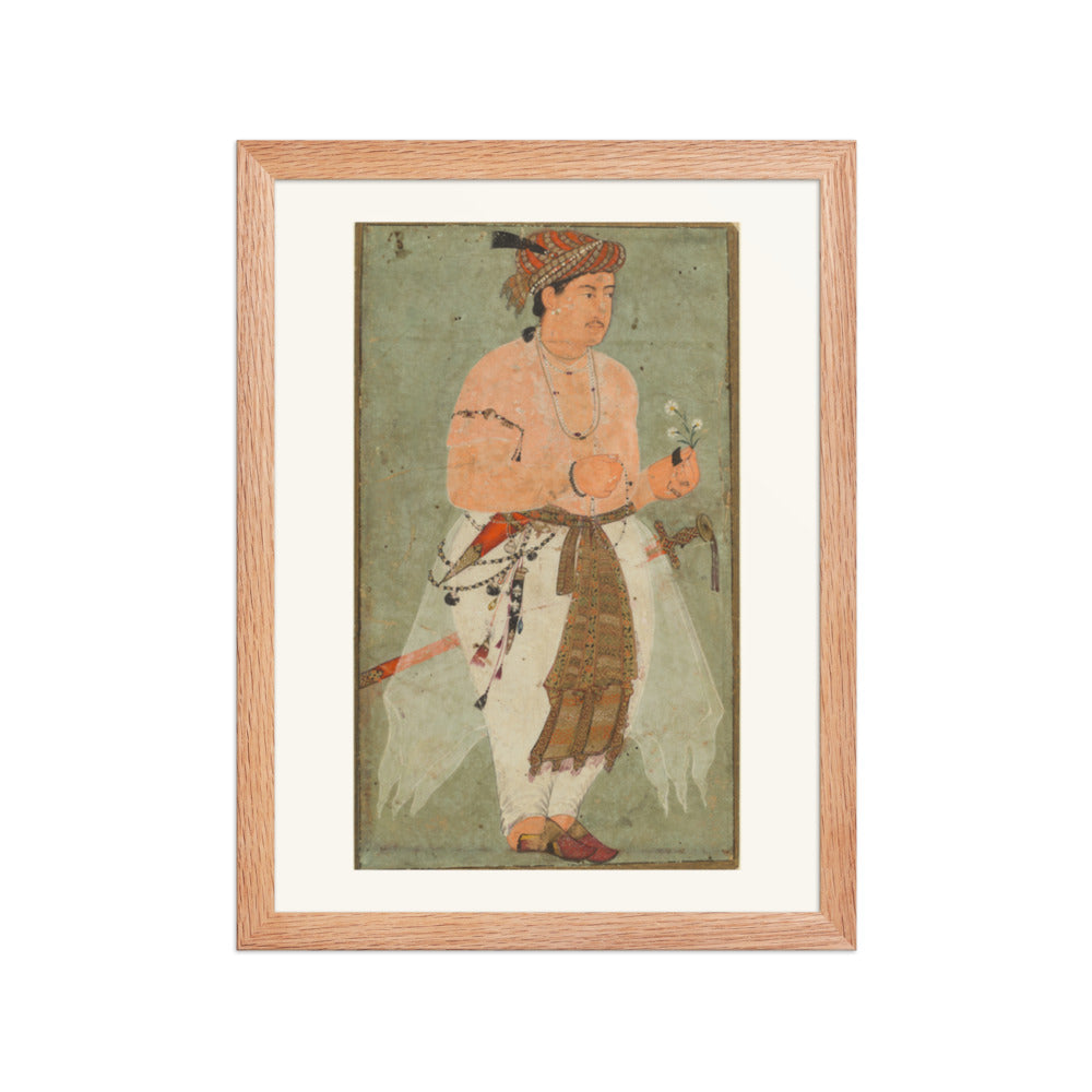 A Mughal Prince, Perhaps Danyal, Holding a Sprig of Flowers — Restored Mughal Wall Art — view 4