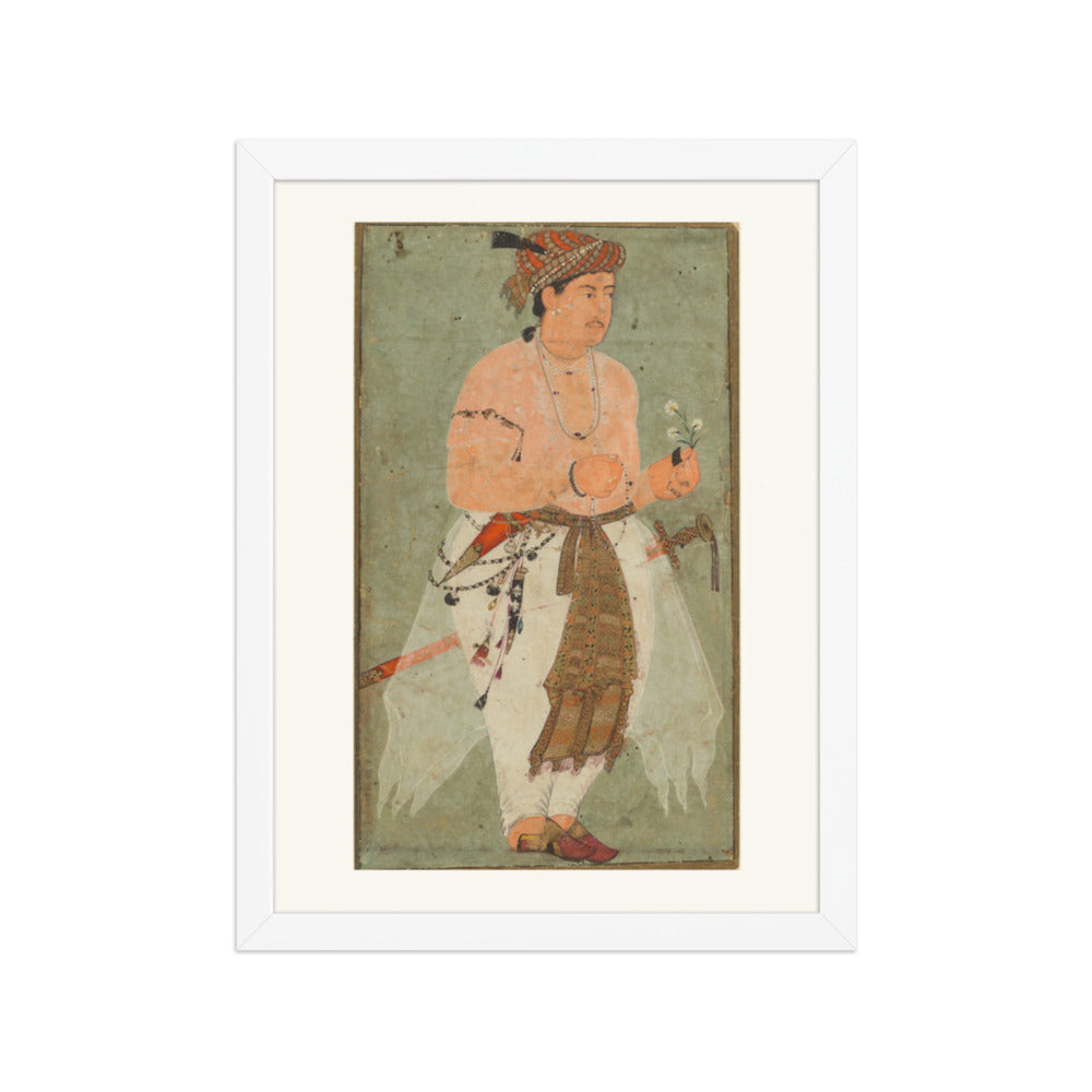A Mughal Prince, Perhaps Danyal, Holding a Sprig of Flowers — Restored Mughal Wall Art — view 6