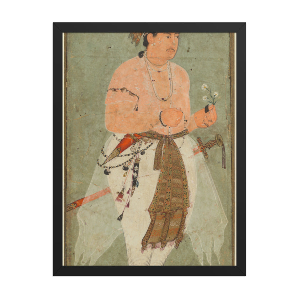 A Mughal Prince, Perhaps Danyal, Holding a Sprig of Flowers — Restored Mughal Wall Art — view 1