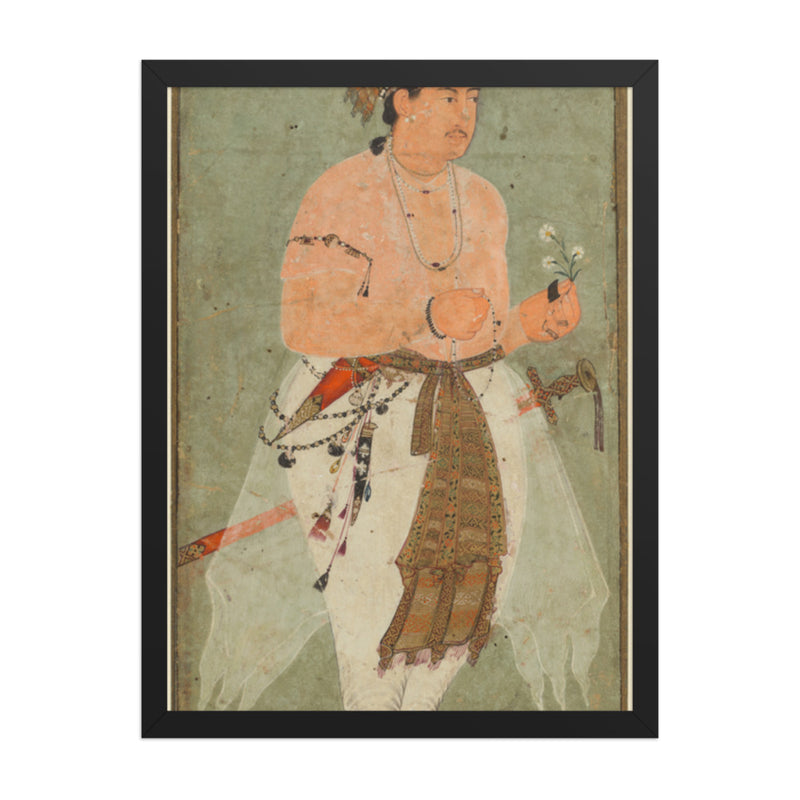 A Mughal Prince, Perhaps Danyal, Holding a Sprig of Flowers — Restored Mughal Wall Art