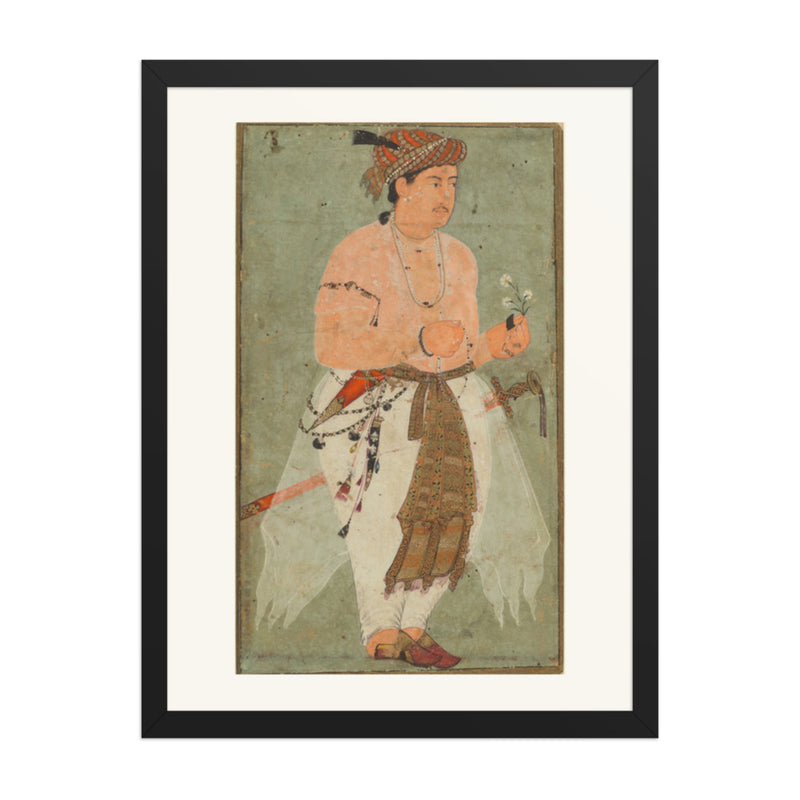 A Mughal Prince, Perhaps Danyal, Holding a Sprig of Flowers — Restored Mughal Wall Art