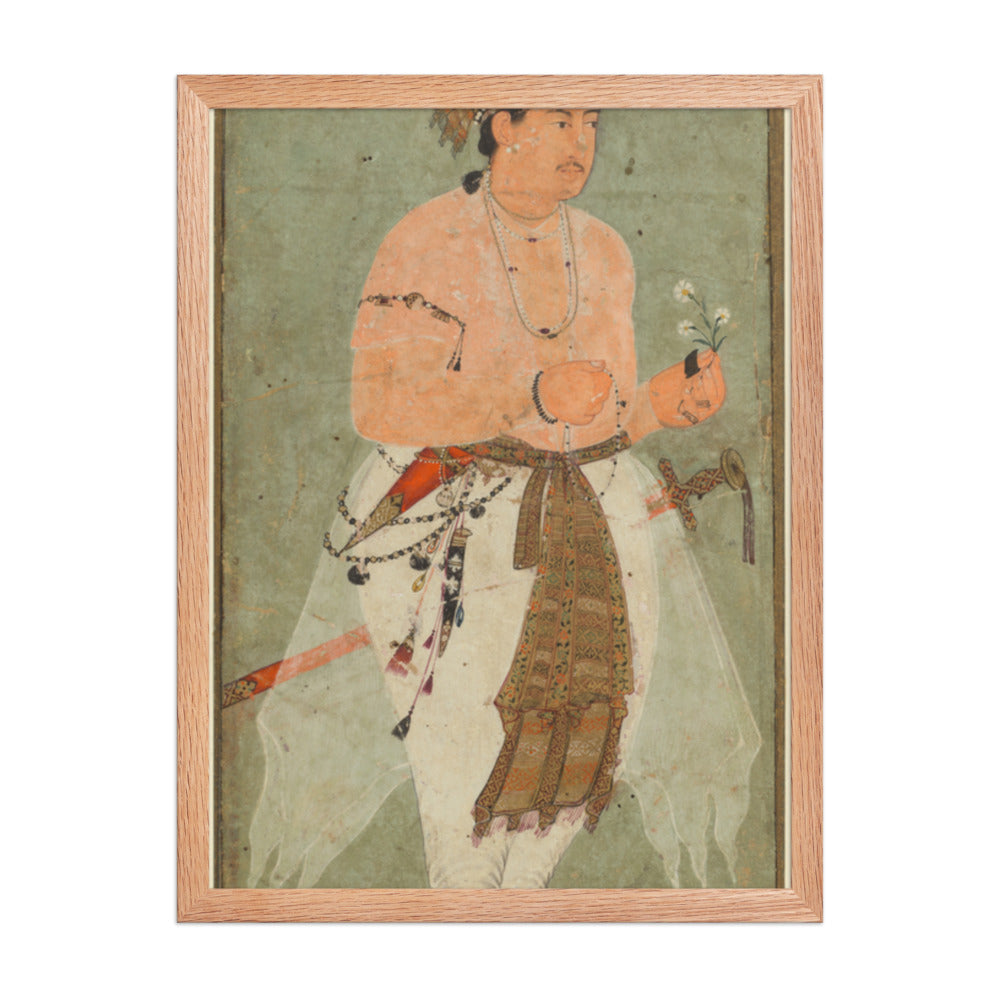 A Mughal Prince, Perhaps Danyal, Holding a Sprig of Flowers — Restored Mughal Wall Art — view 3