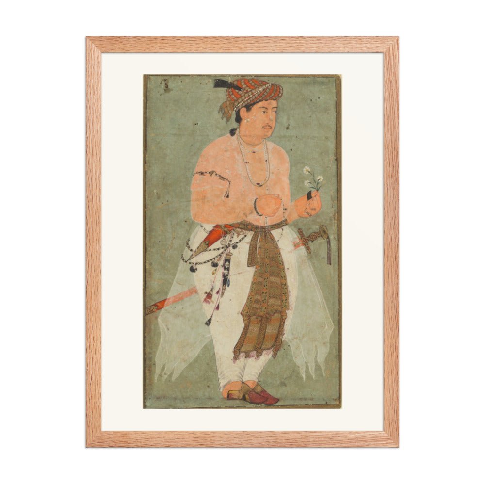 A Mughal Prince, Perhaps Danyal, Holding a Sprig of Flowers — Restored Mughal Wall Art — view 3