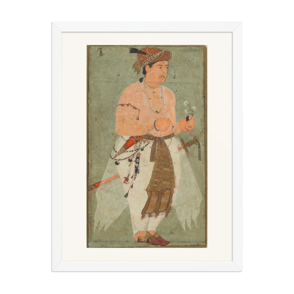 A Mughal Prince, Perhaps Danyal, Holding a Sprig of Flowers — Restored Mughal Wall Art — view 5