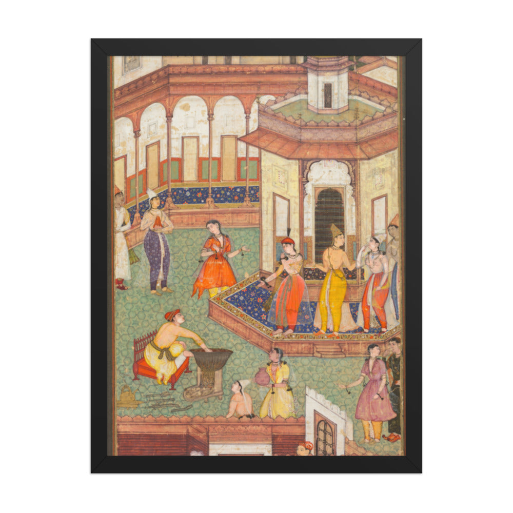 A Man Dips His Hand into a Cauldron as Ladies of the Harem Stand in — Restored Mughal Wall Art — view 1