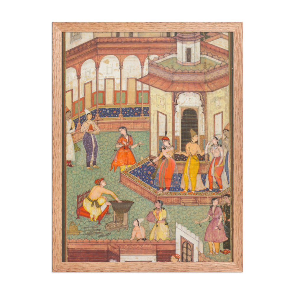 A Man Dips His Hand into a Cauldron as Ladies of the Harem Stand in — Restored Mughal Wall Art — view 3