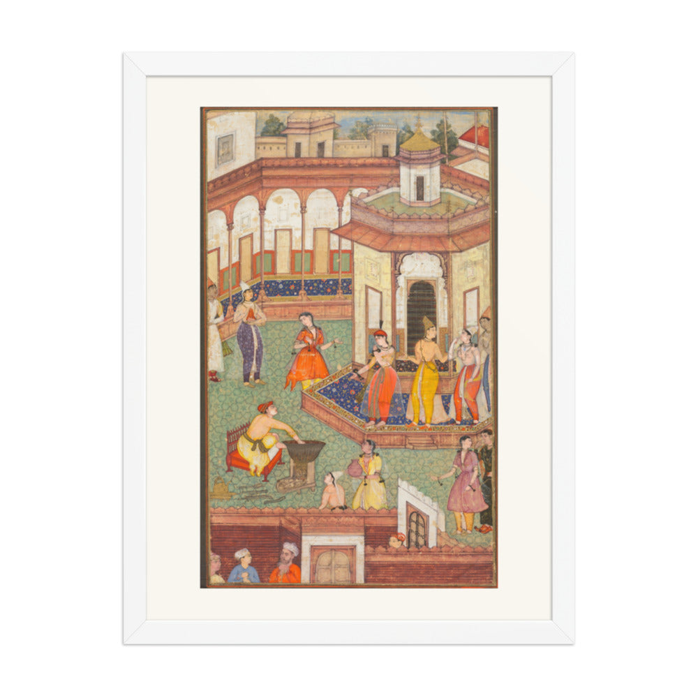 A Man Dips His Hand into a Cauldron as Ladies of the Harem Stand in — Restored Mughal Wall Art — view 5