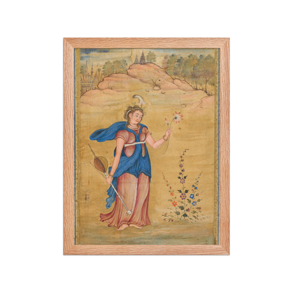 A female figure standing in a landscape holding a four-stringed — Restored Mughal Wall Art — view 4