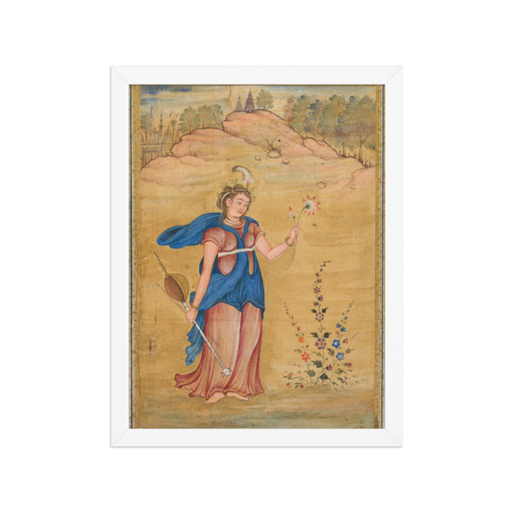 A female figure standing in a landscape holding a four-stringed — Restored Mughal Wall Art — view 6