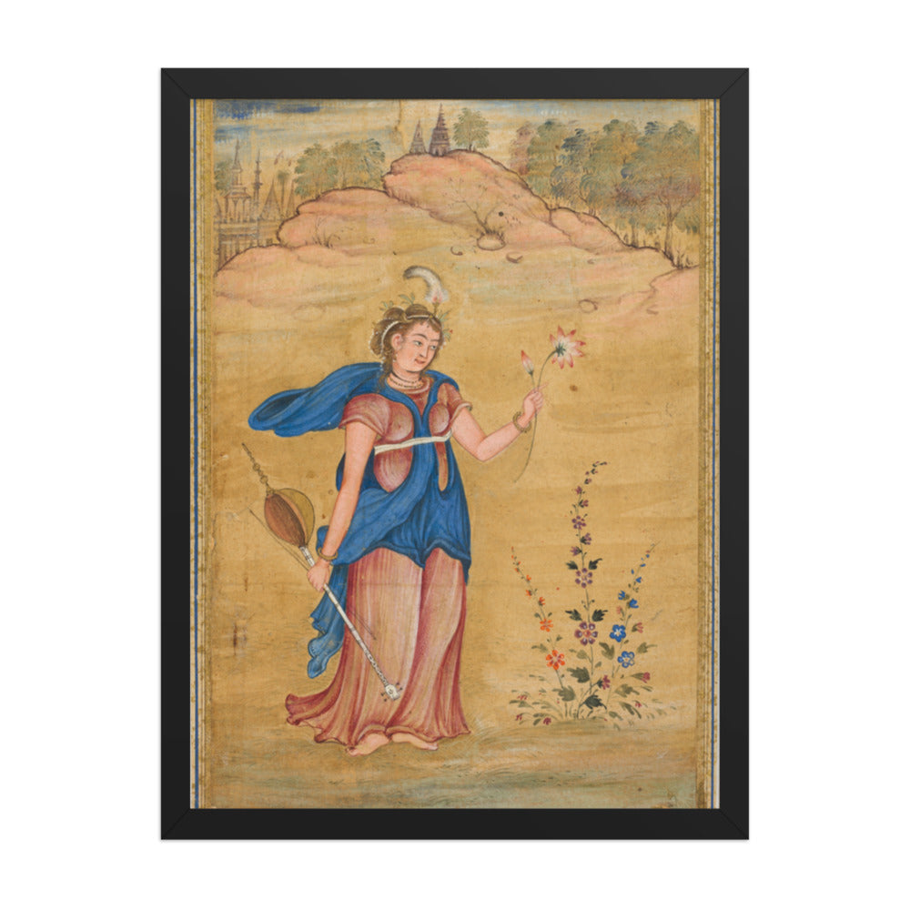 A female figure standing in a landscape holding a four-stringed — Restored Mughal Wall Art — view 1