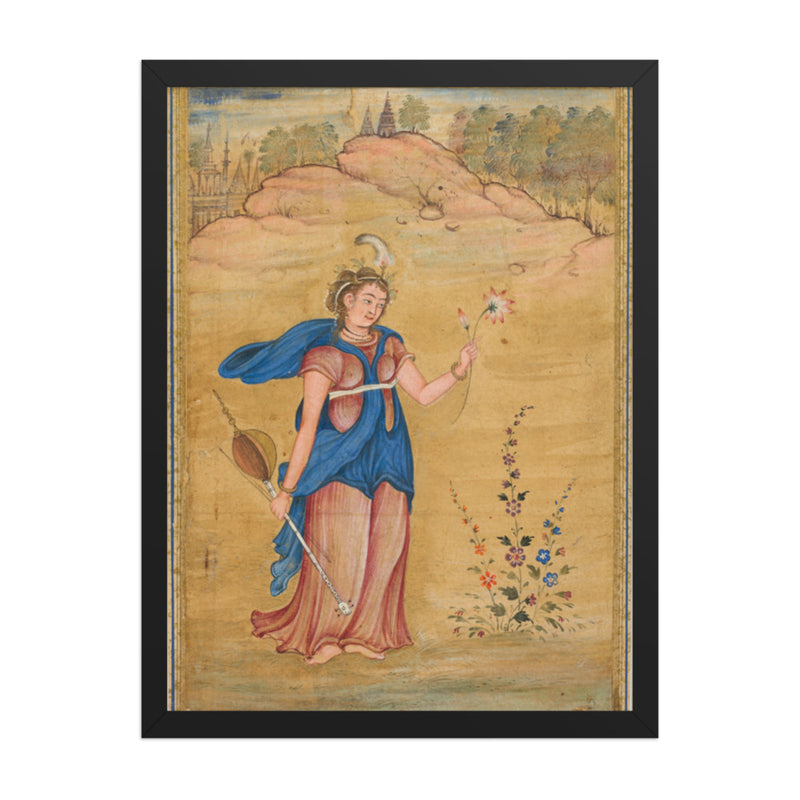 A female figure standing in a landscape holding a four-stringed — Restored Mughal Wall Art