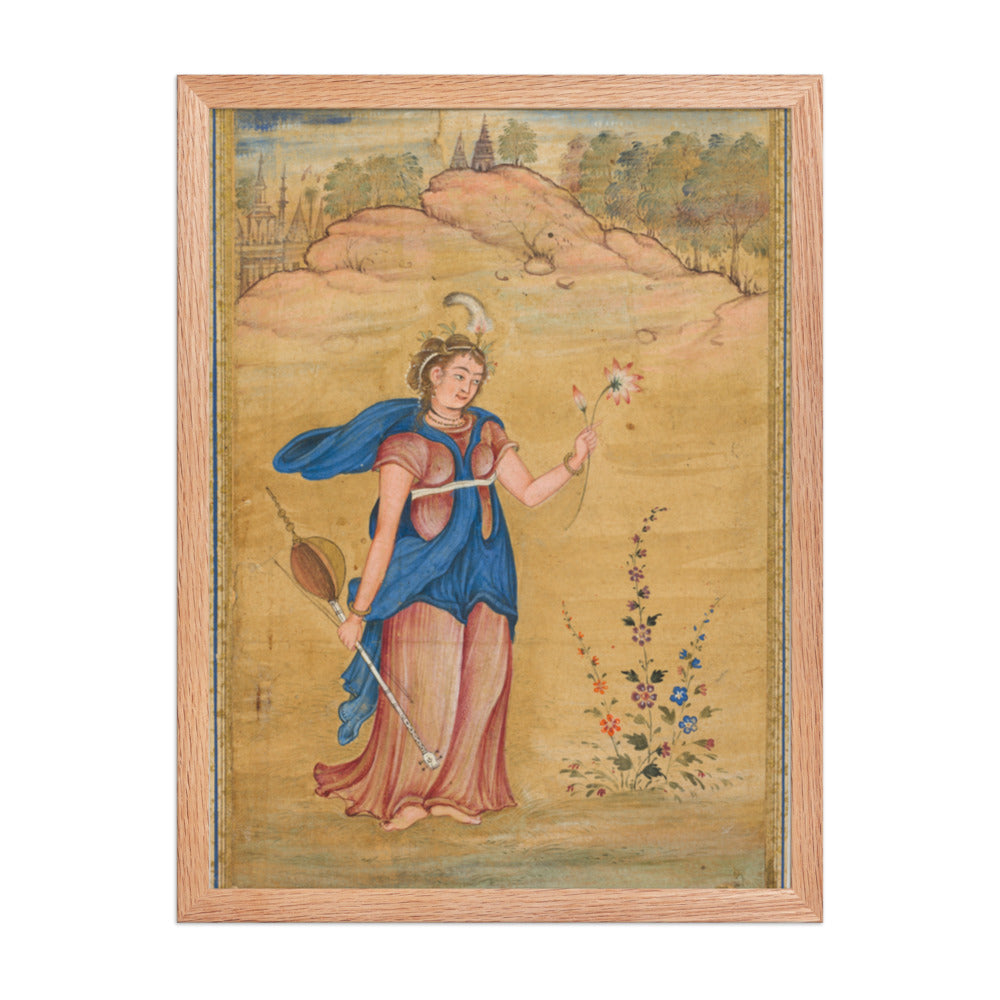 A female figure standing in a landscape holding a four-stringed — Restored Mughal Wall Art — view 3