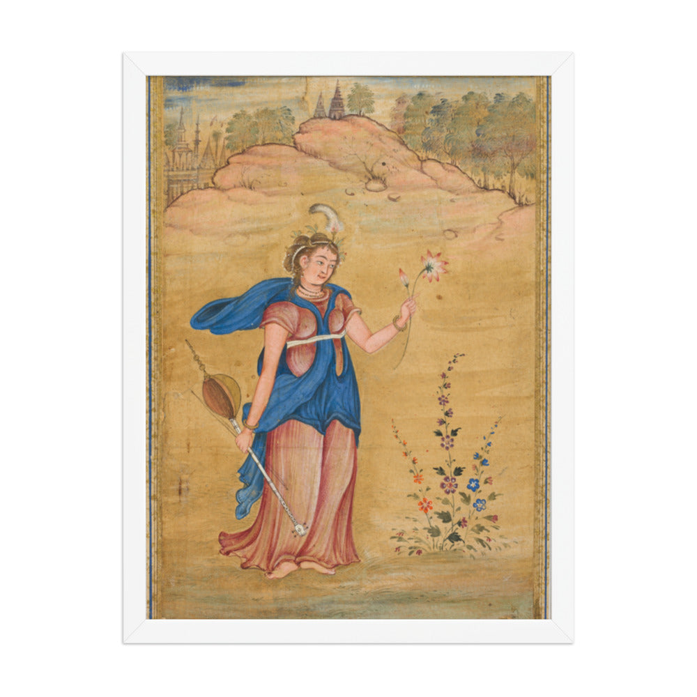A female figure standing in a landscape holding a four-stringed — Restored Mughal Wall Art — view 5