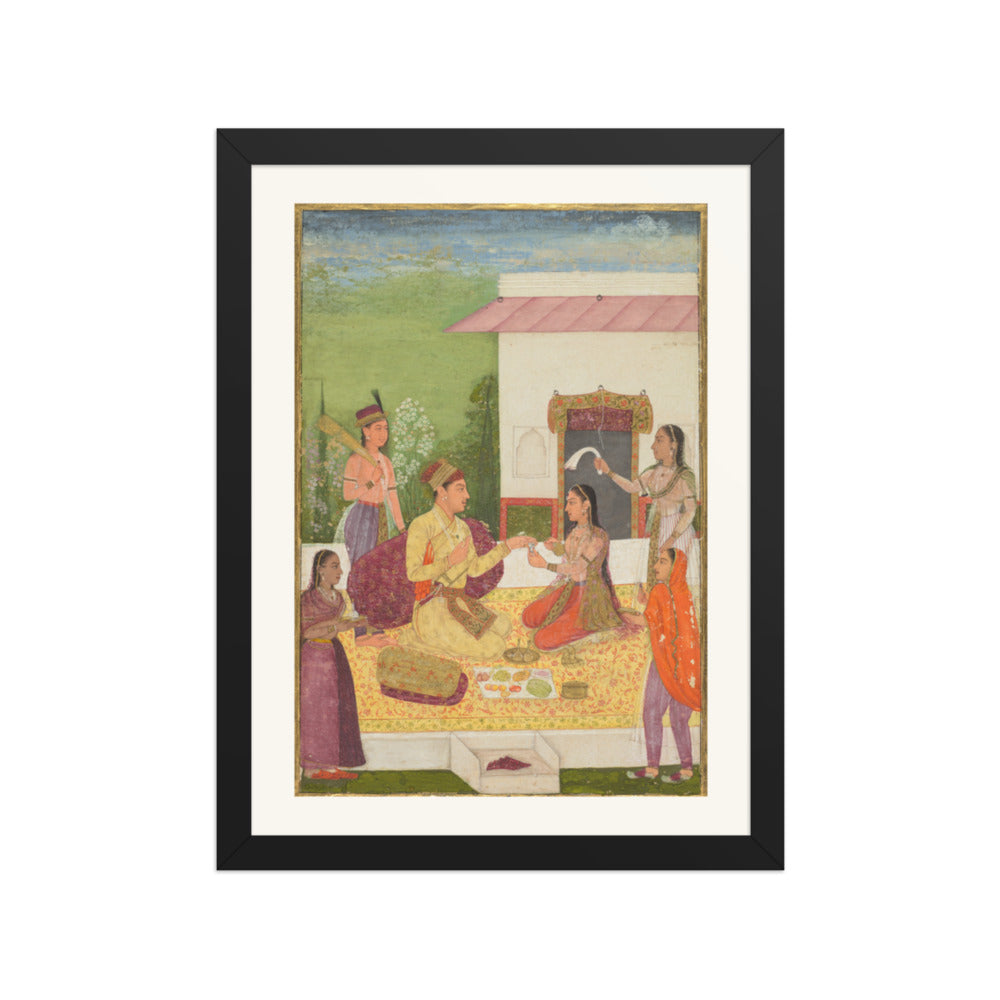 A prince conversing with a woman while taking refreshments on a terrace — Restored Mughal Wall Art — view 2