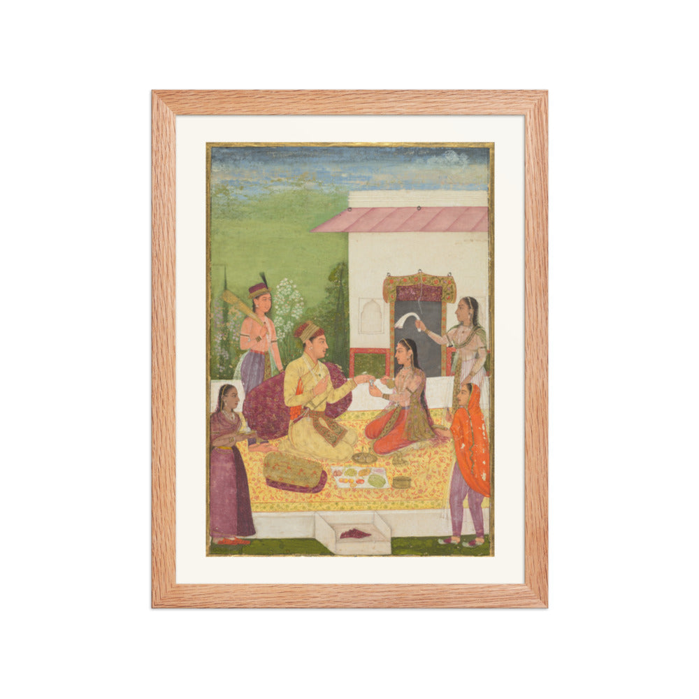 A prince conversing with a woman while taking refreshments on a terrace — Restored Mughal Wall Art — view 4