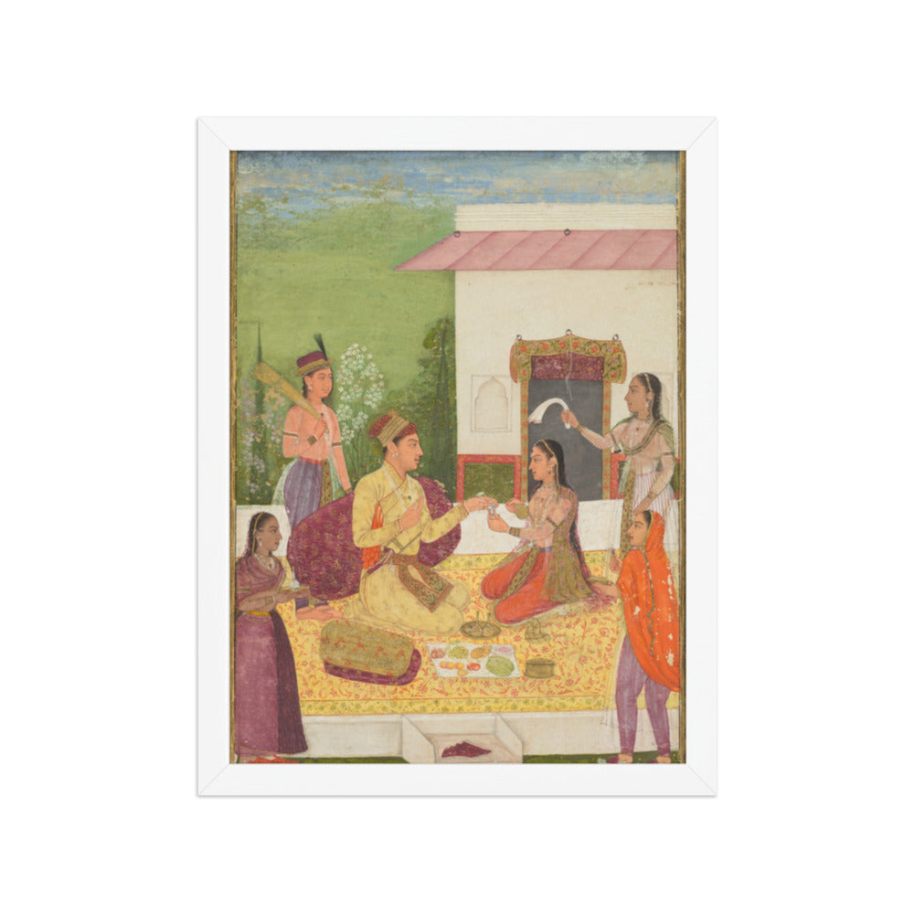 A prince conversing with a woman while taking refreshments on a terrace — Restored Mughal Wall Art — view 6