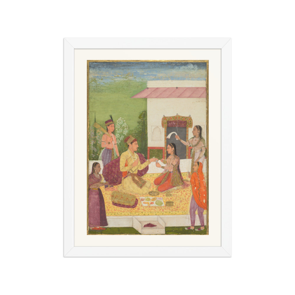 A prince conversing with a woman while taking refreshments on a terrace — Restored Mughal Wall Art — view 6