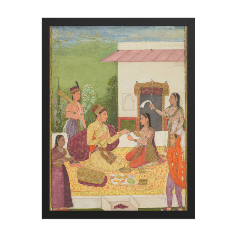 A prince conversing with a woman while taking refreshments on a terrace — Restored Mughal Wall Art