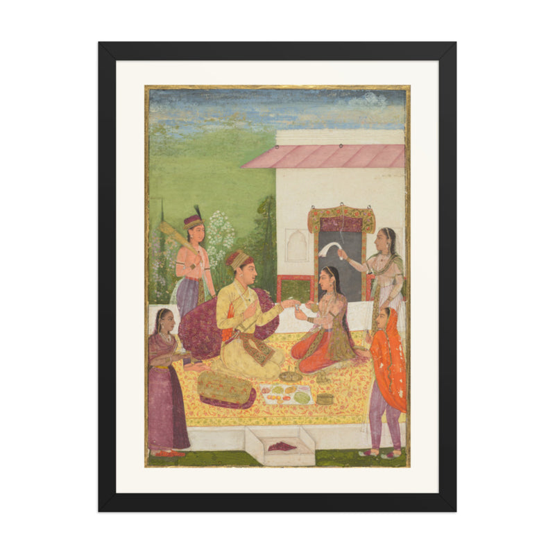 A prince conversing with a woman while taking refreshments on a terrace — Restored Mughal Wall Art