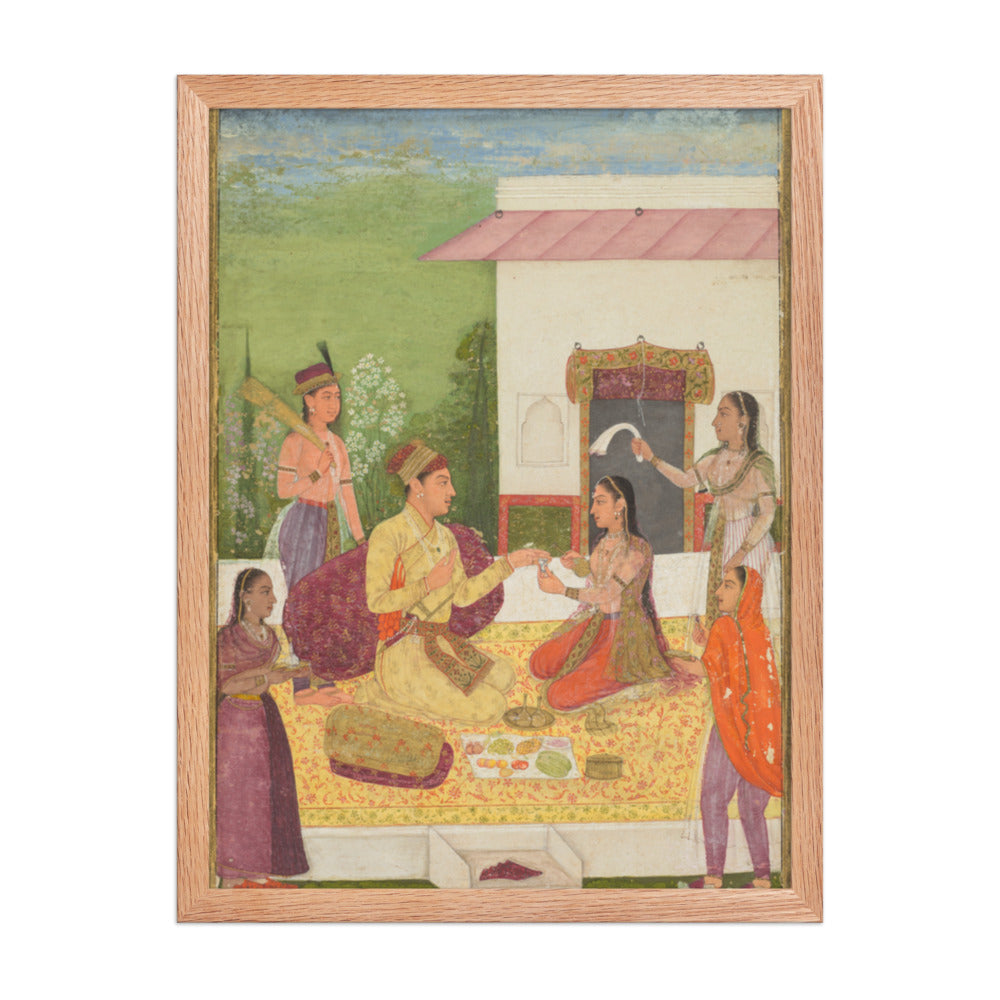 A prince conversing with a woman while taking refreshments on a terrace — Restored Mughal Wall Art — view 3