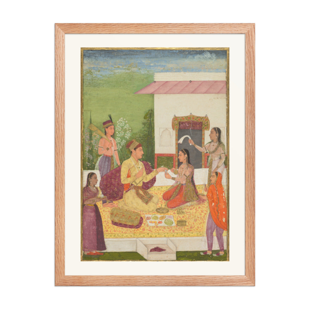 A prince conversing with a woman while taking refreshments on a terrace — Restored Mughal Wall Art — view 3