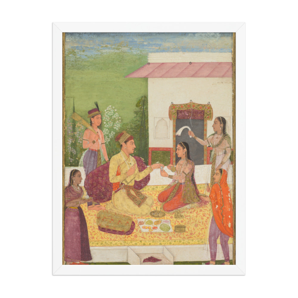 A prince conversing with a woman while taking refreshments on a terrace — Restored Mughal Wall Art — view 5