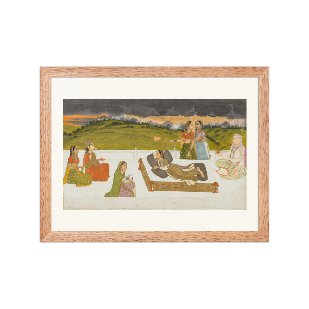 A princess reclining on a terrace with attendants — Restored Mughal Wall Art — view 4