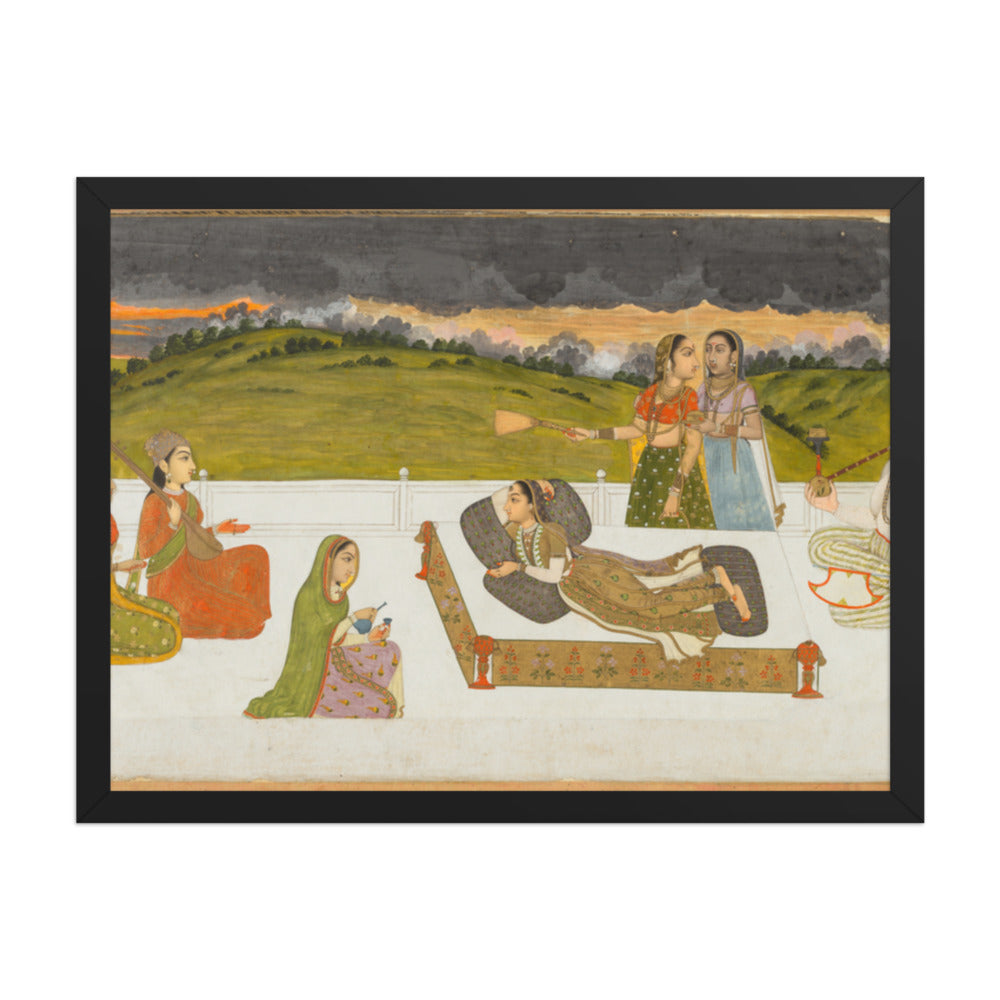 A princess reclining on a terrace with attendants — Restored Mughal Wall Art — view 1